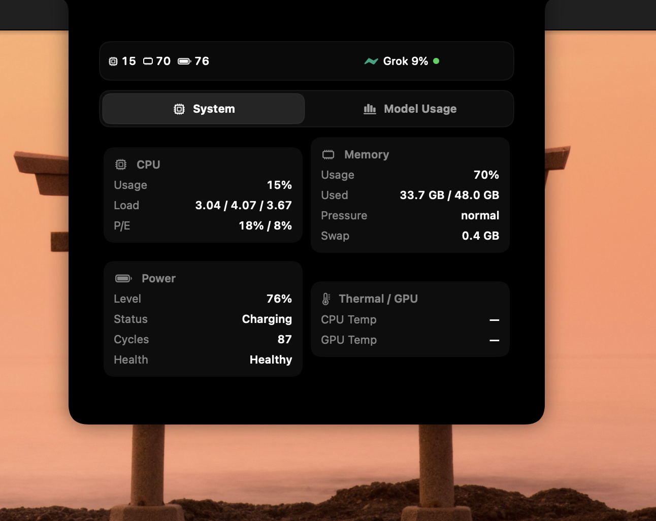 VoidNotch expanded System tab showing CPU load, memory pressure, swap, battery and thermal detail