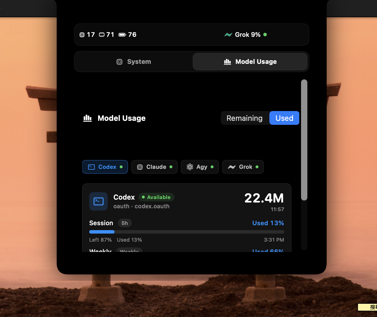 VoidNotch expanded Model Usage tab showing per-provider session and weekly usage windows